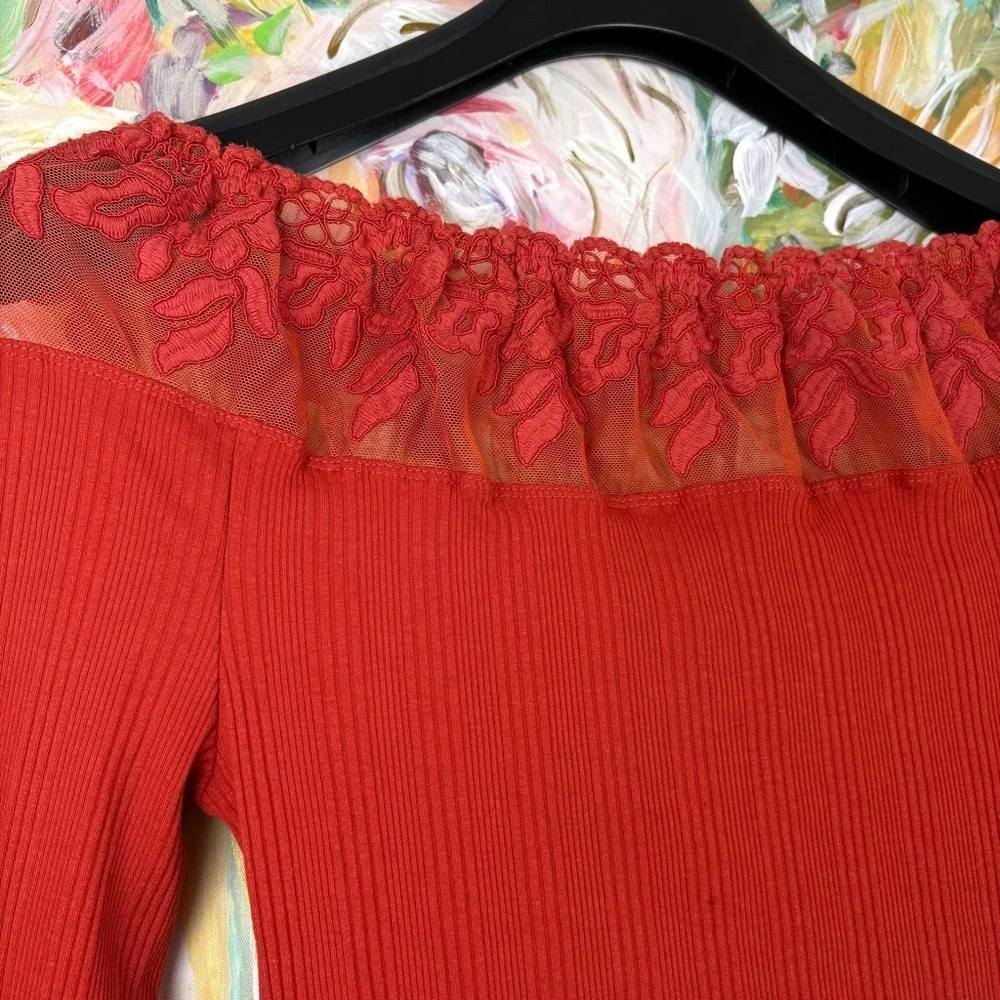 Free People Red Ribbed Lace Off Shoulder Long Sleeve Top Size L
